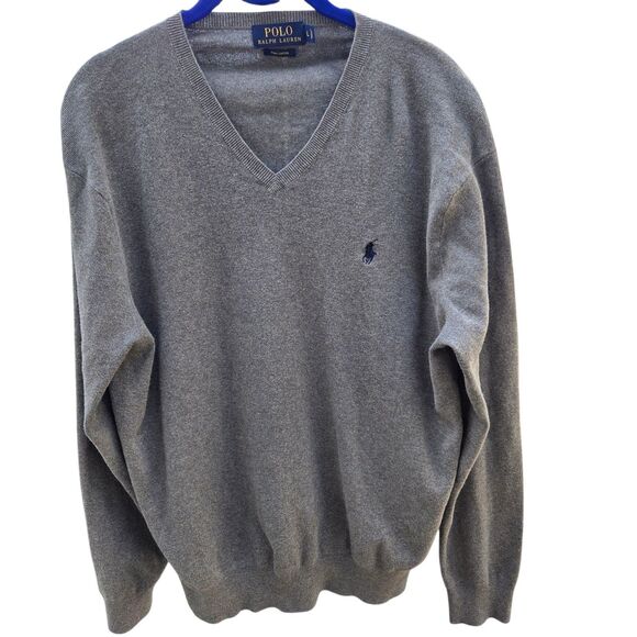 Polo Ralph Lauren  Pima Cotton Gray Sweater Pony Logo V-Neck Blue Label Retro - Picture 1 of 7